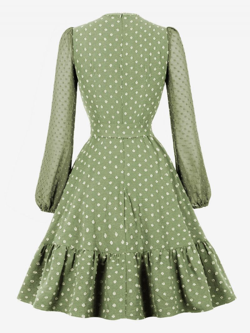 Retromekko 1950-luvun Audrey Hepburn -tyylinen Pitkähihainen Naisten Polvipituinen Swing-mekko - Vaaleanvihreä