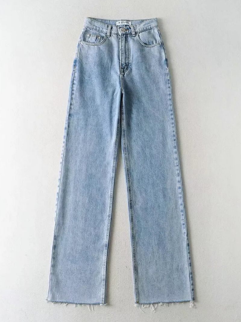 Naisten Farkut Casual Vetoketju Korotettu Vyötärö Nappi Fly Straight Denim Housut - Vauvansininen