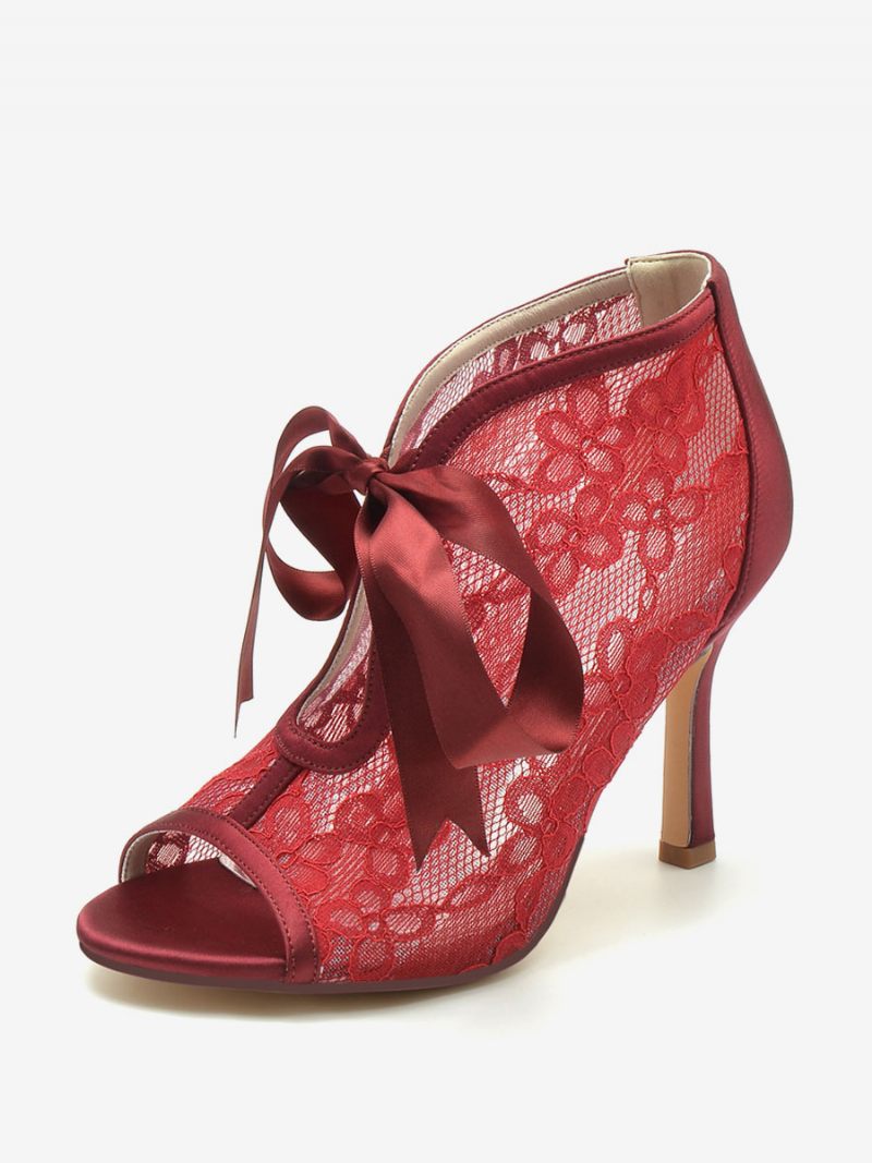 Naisten Hääkengät Pitsi Valkoiset Rusetit Peep Toe Hääsandaalit - Burgundy