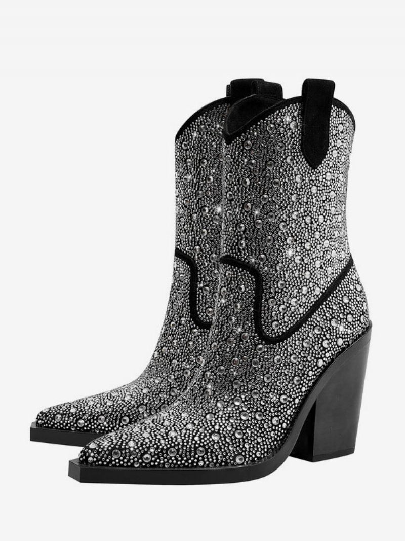Mustat Länsimaiset Saappaat Naisten Teräväkärkiset Block Heel Sparkly Cowboy-saappaat - Musta