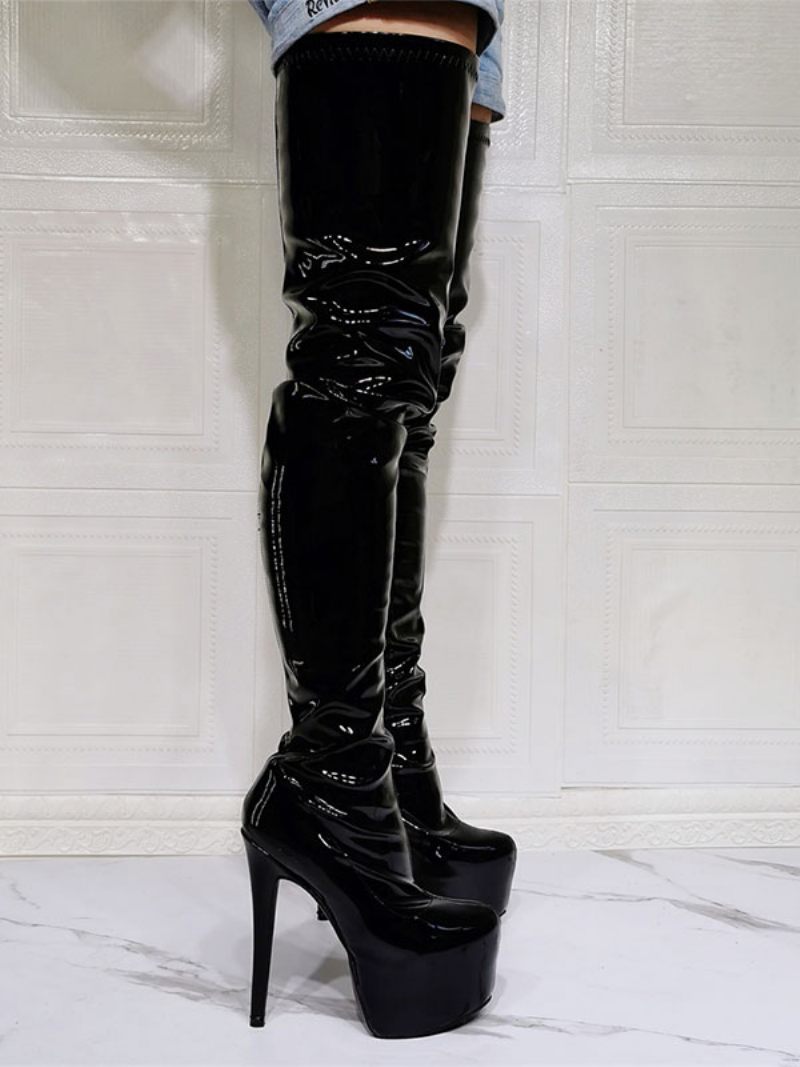 Naisten Mustat Seksikäs Saappaat Stiletto Heel Patent Pu Platform Reisikorkeat - Musta