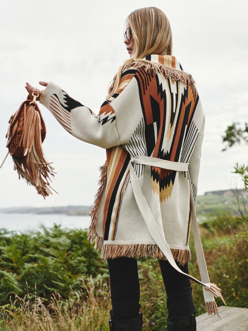 Naisten Jacquard-neuletakit Pystyraitainen Tupsuverhoilu Vyöllä Villasekoite Boho-villapaita - Vaaleankeltainen